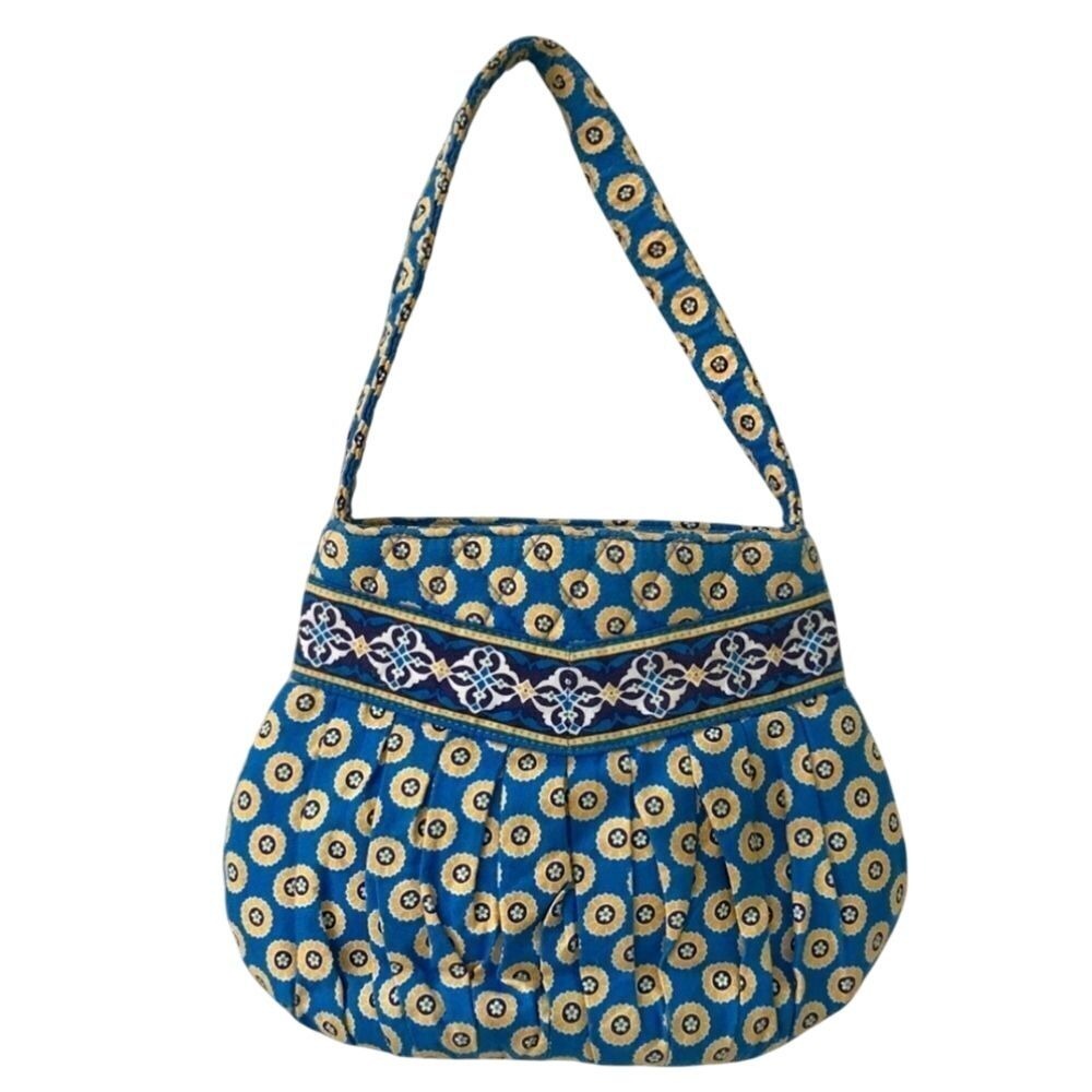 Vera Bradley Mediterranean Blue Quilted Floral Pleated Shoulder Bag Purse